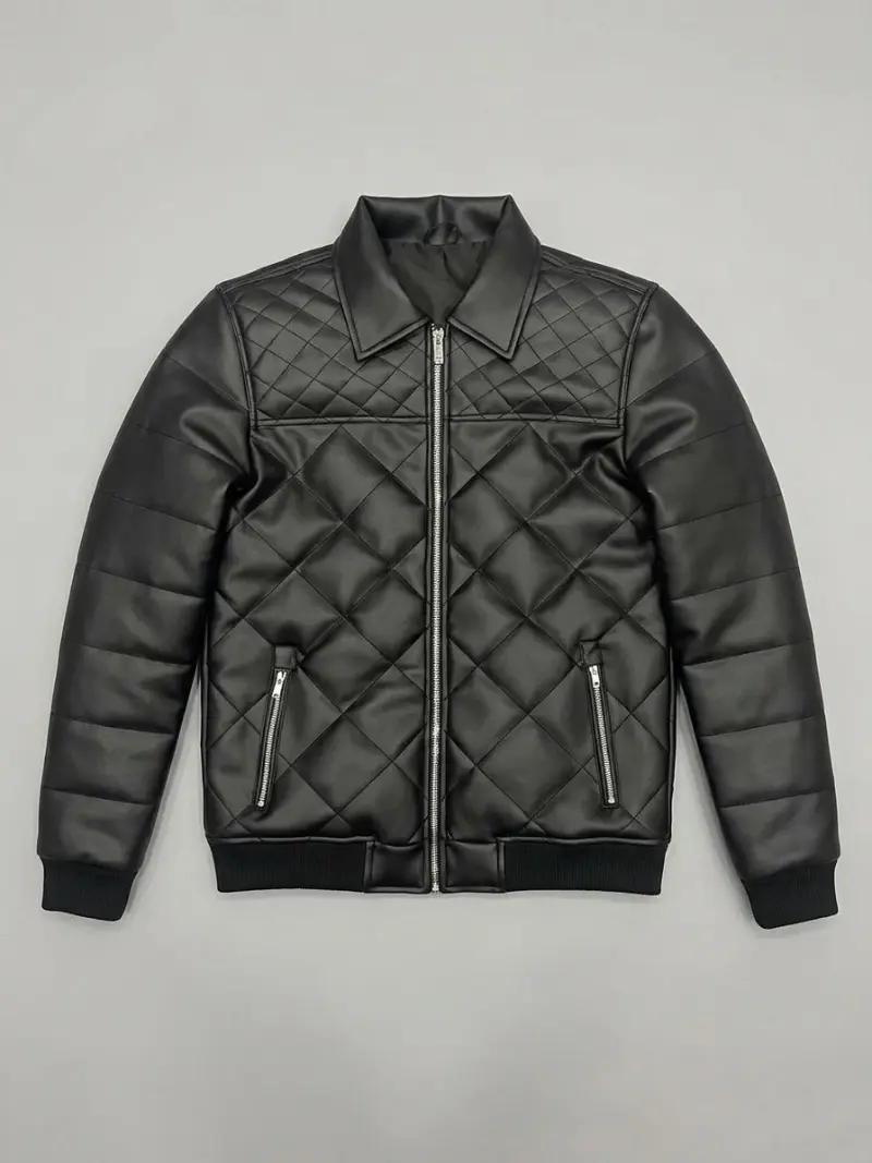 Men's Black Faux Leather Bomber Jacket with Black Fur Collar