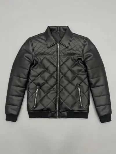 Men's Black Faux Leather Bomber Jacket with Black Fur Collar thumb 0