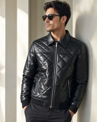 Men's Black Faux Leather Bomber Jacket with Black Fur Collar thumb 1