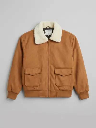 Men's Camel Suede Bomber Jacket with Shearling Collar thumb 1