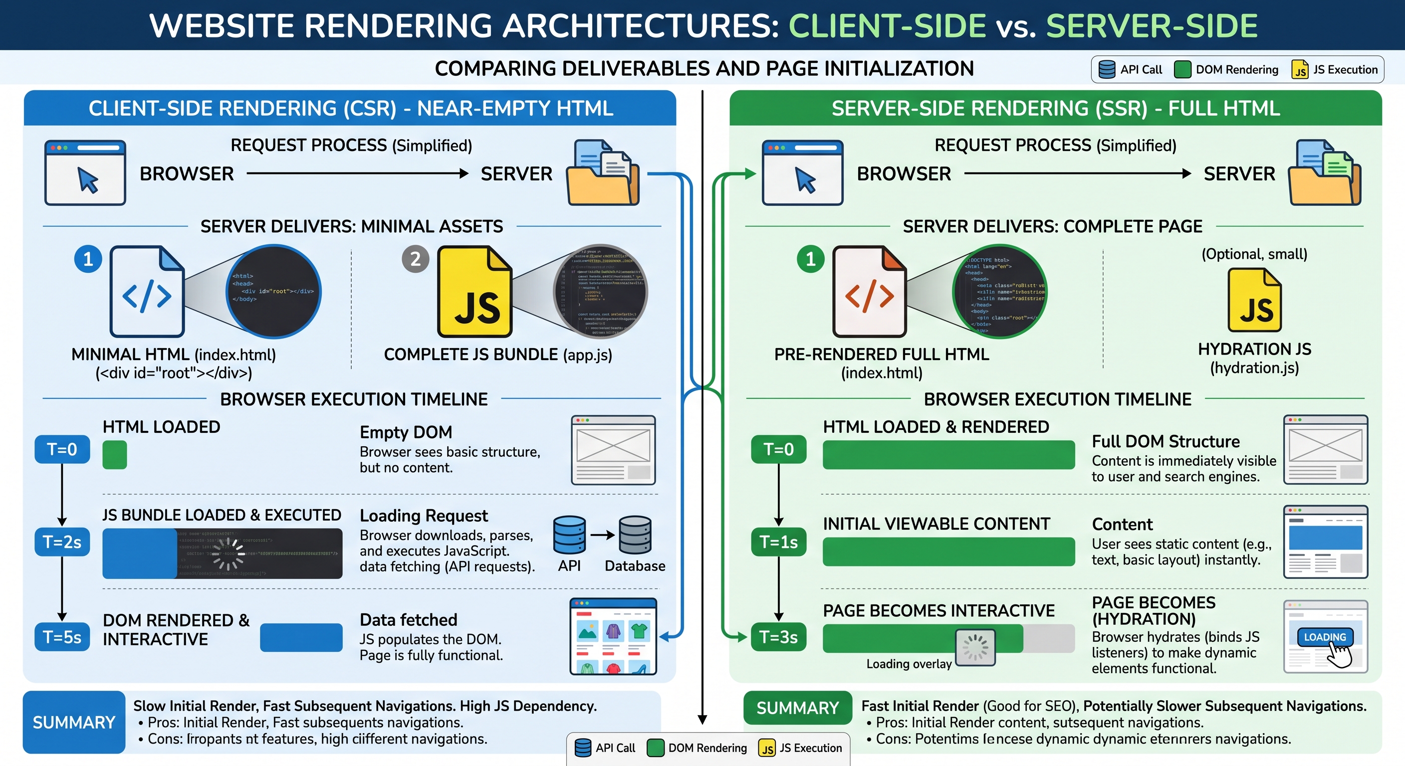 Client-rendered versus server-rendered HTML delivery compared side by side