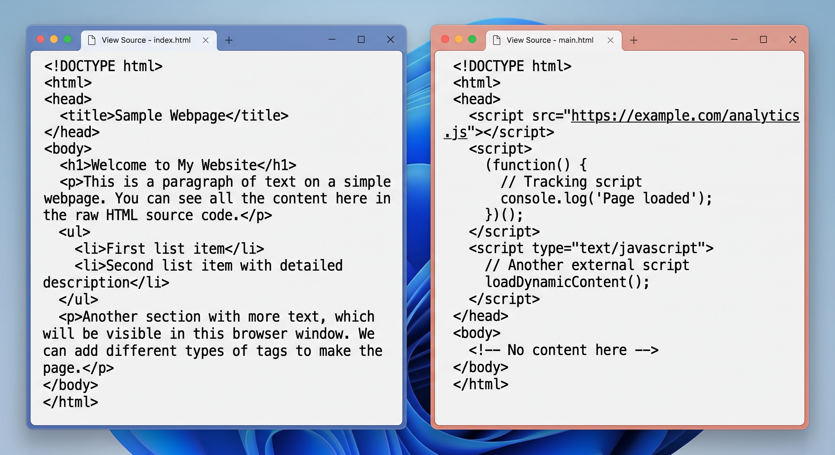Raw HTML source of a server-rendered page next to an empty client-rendered page