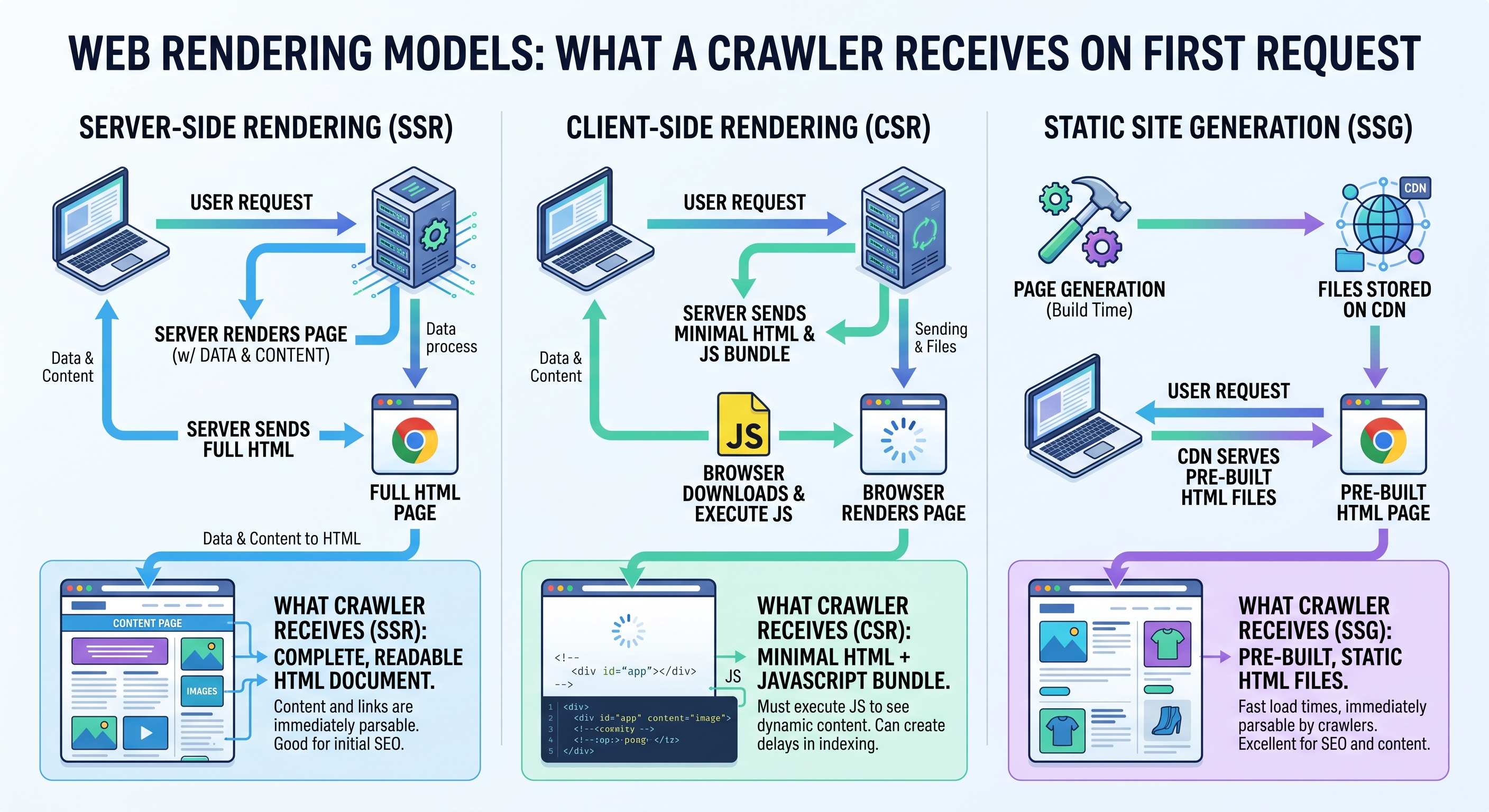 Rendering models and the HTML a crawler receives from each