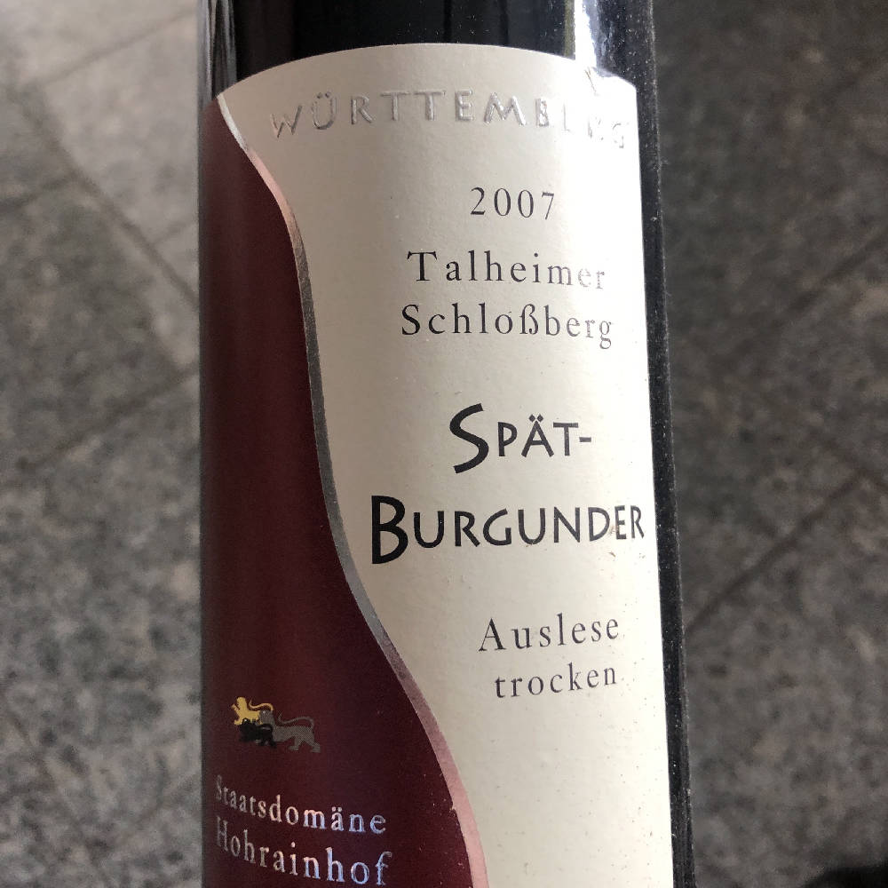 Spätburgunder Auslese Trocken Talheimer Schlossberg Staatsdomäne Hohrainhof 2007 goldene Preismünze