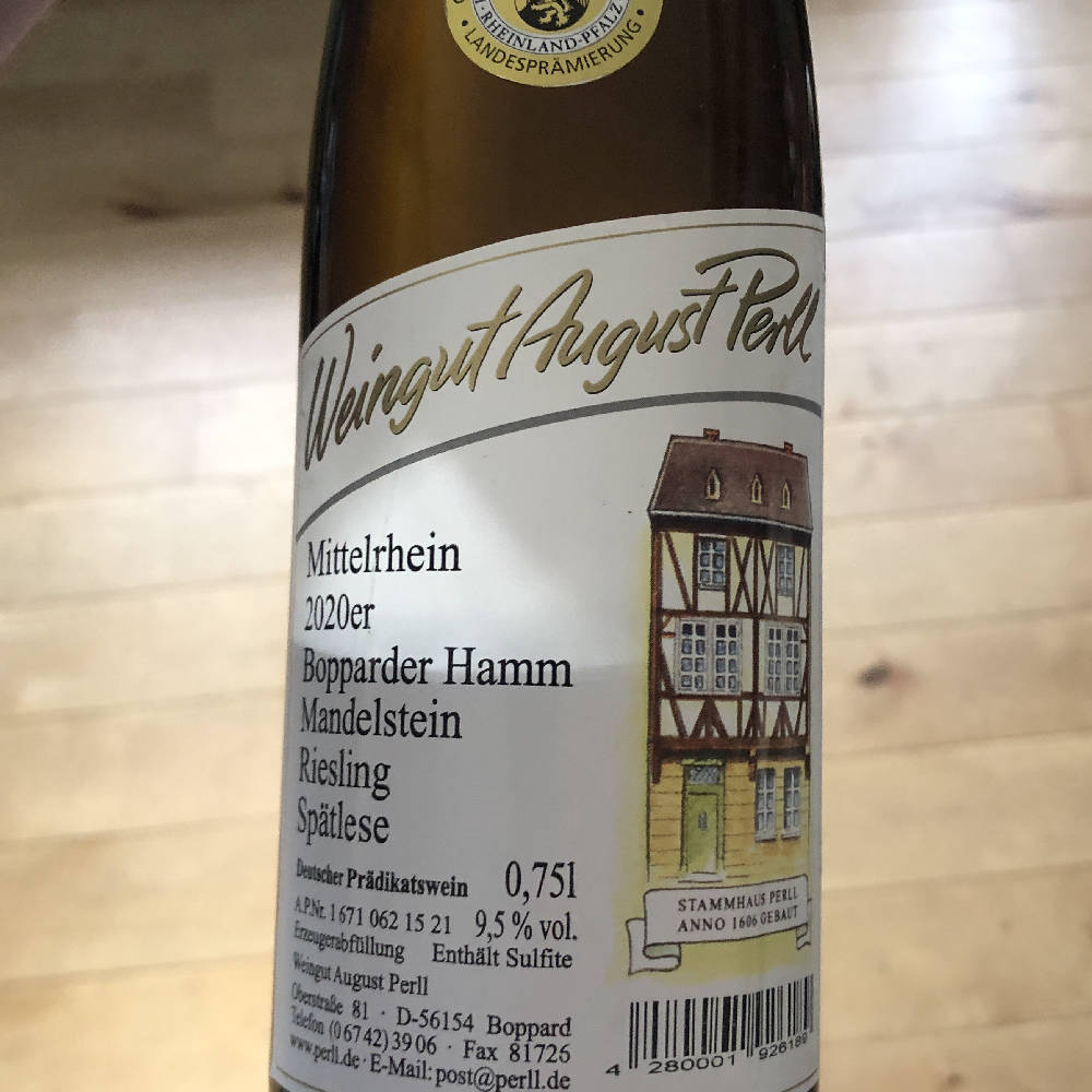 August Perll Bopparder Hamm Mandelstein Riesling Spätlese 2020 goldene kammerpreismünze