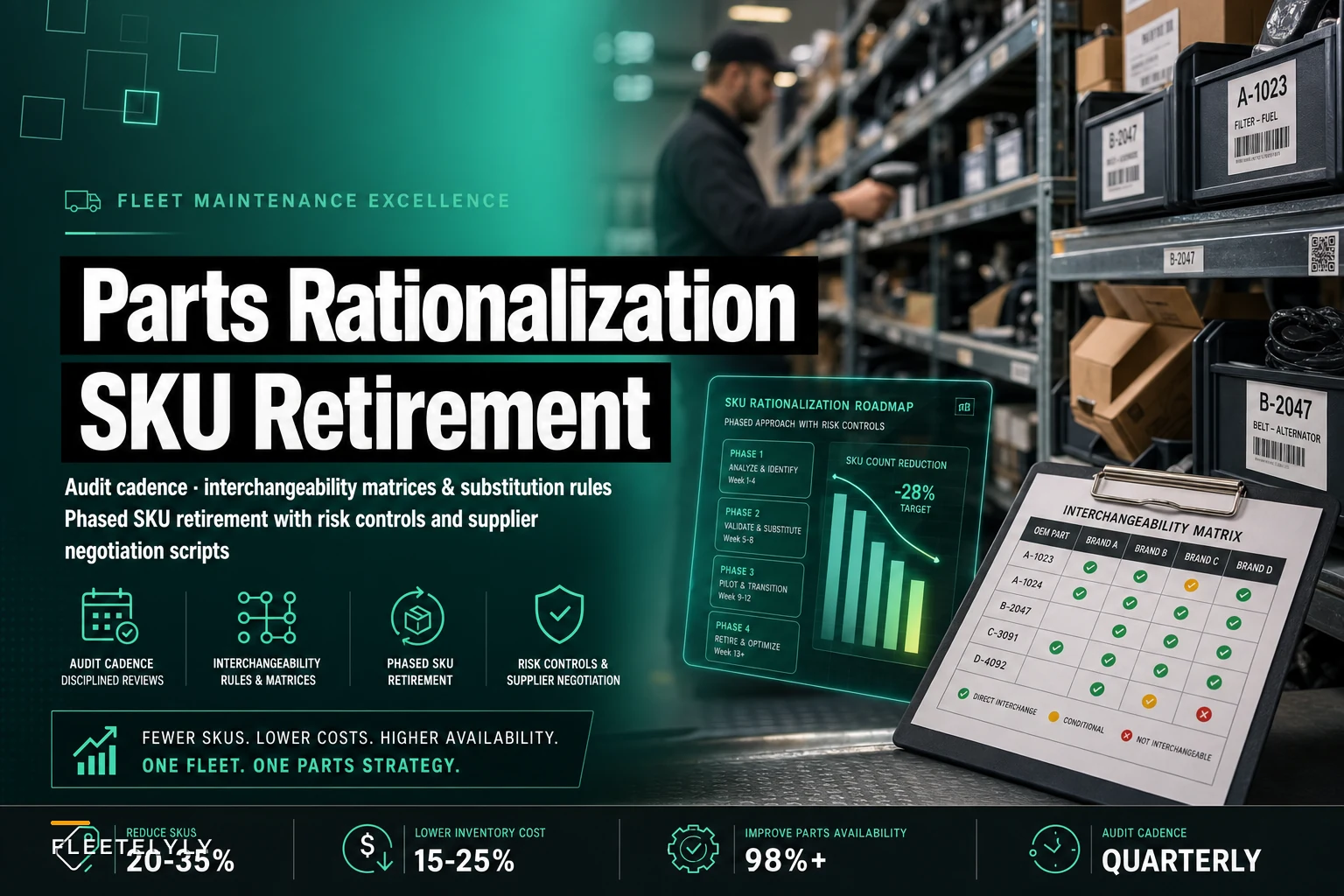 Cross‑fleet parts rationalization: audit cadence, interchangeability rules and phased SKU retirement