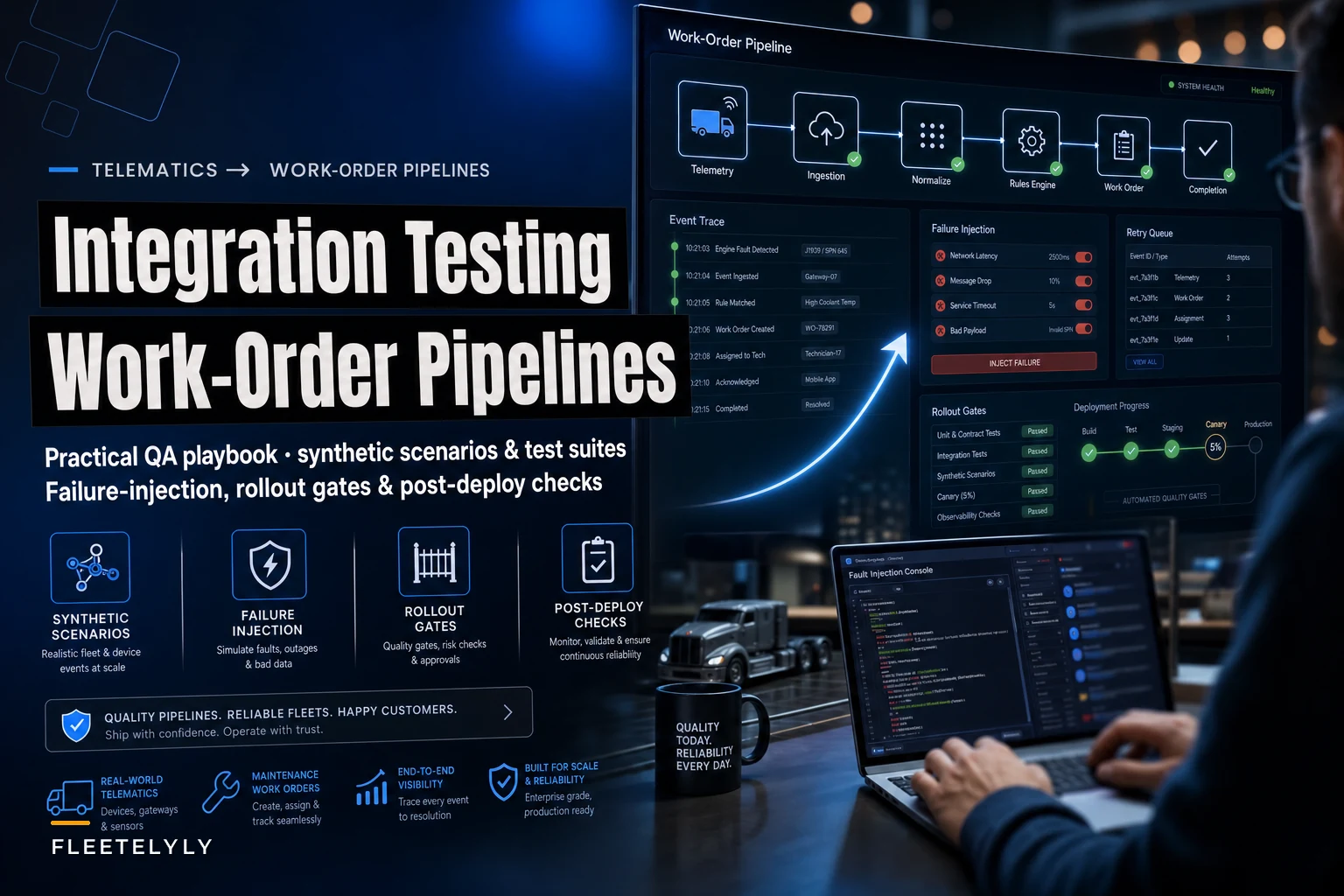 Integration testing for telematics→work-order pipelines: synthetic scenarios, failure-injection and rollout gates
