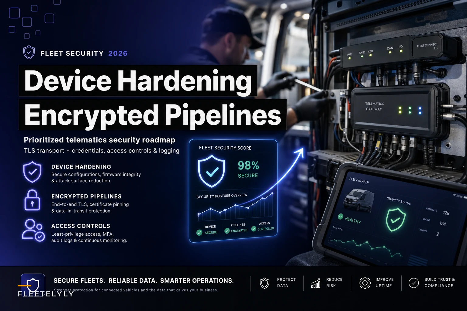 Telematics cybersecurity checklist: device hardening, encrypted pipelines and access controls for fleets