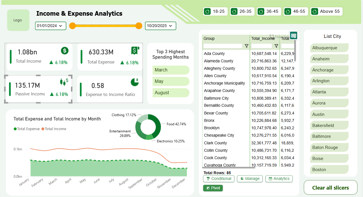 Income & Expense Analytics Dashboard – Key Insights (Jan 1, 2024 – Oct 20, 2025)