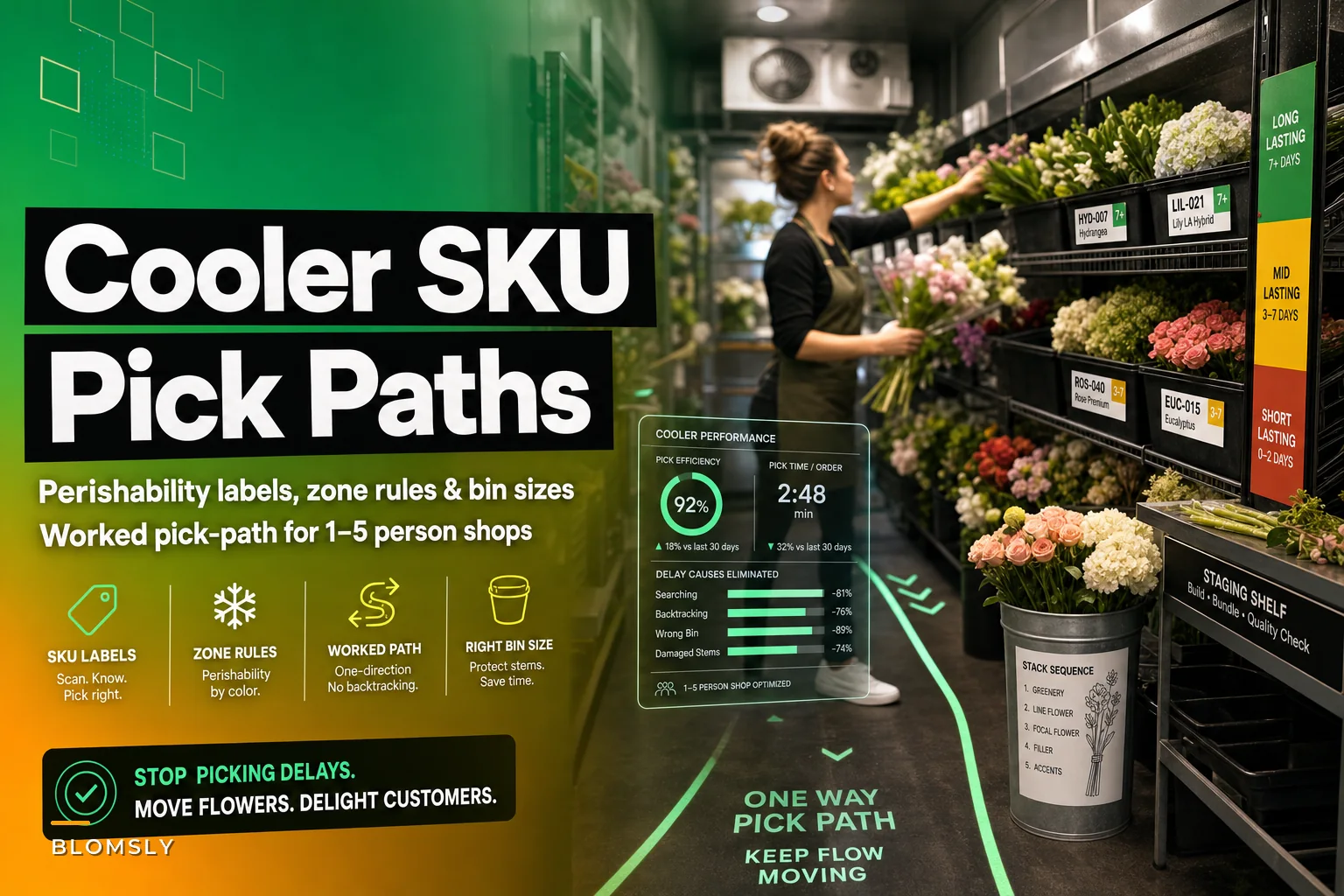 Cooler SKU labeling and pick-paths that stop picking delays in 1–5 person flower shops
