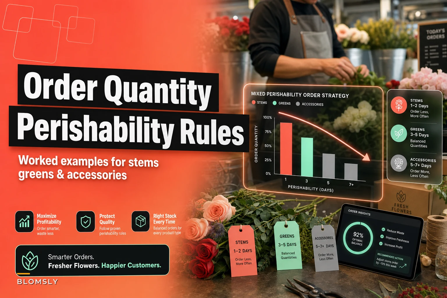 Order-quantity rules for mixed-perishability florals: worked examples for stems, greens & accessories
