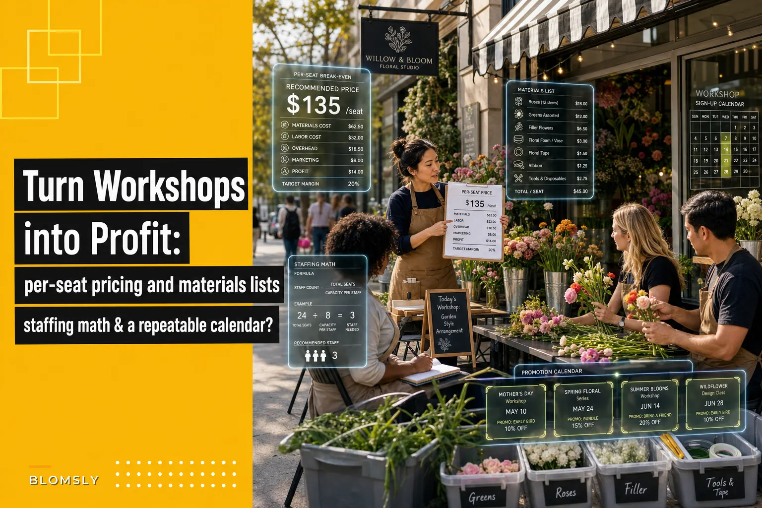 Turn workshops into profit: per‑seat pricing, materials lists and staffing math for florists