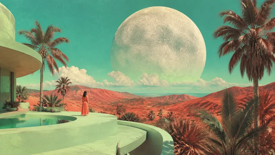 A woman on a terrace among palms, under a huge moon