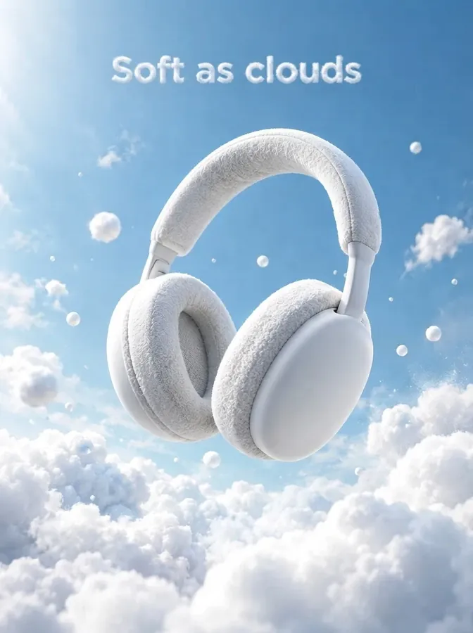 White headphones floating in clouds, Soft as clouds