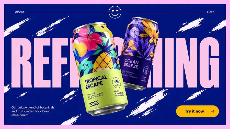 Refreshing soda landing page with tropical flavour cans
