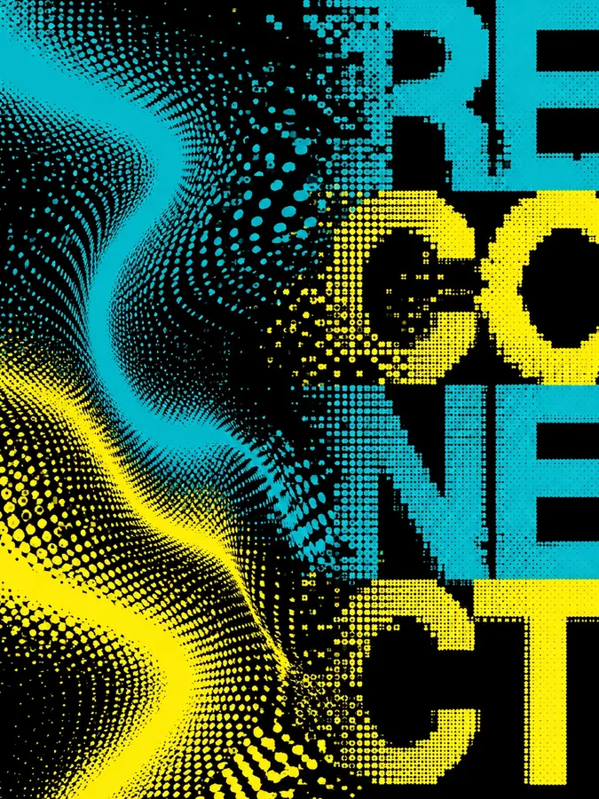 Reconnect poster in yellow and cyan halftone waves
