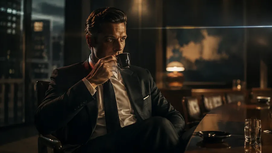 A man in a suit with a drink in a dark lounge