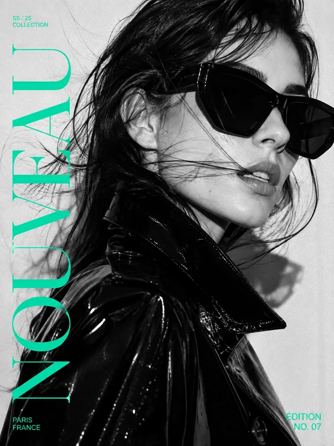 Fashion poster of a woman in sunglasses and a black leather coat