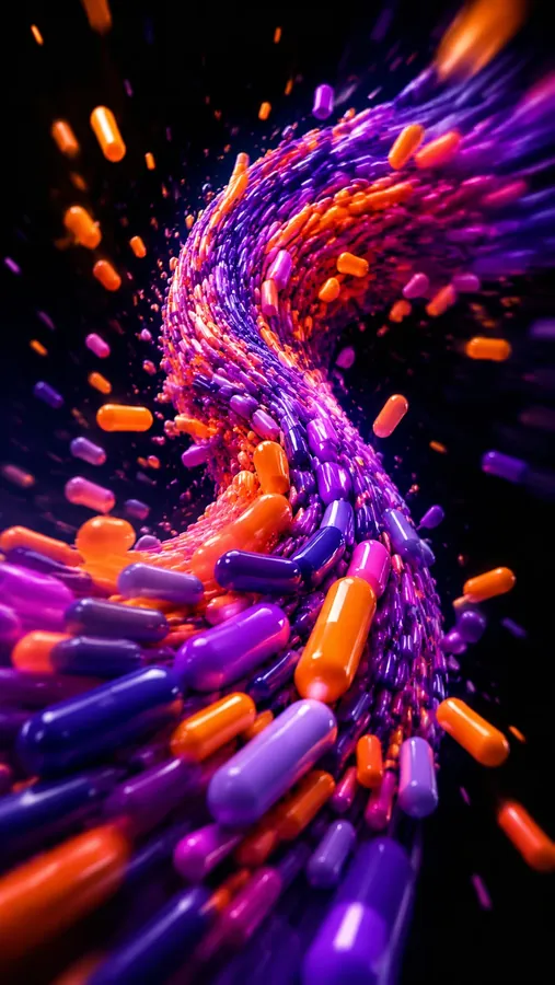 Purple and orange capsules swirling in a spiral