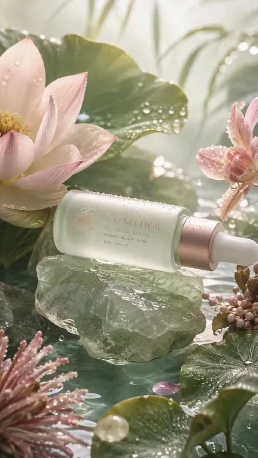 A skincare bottle among lotus flowers and crystal