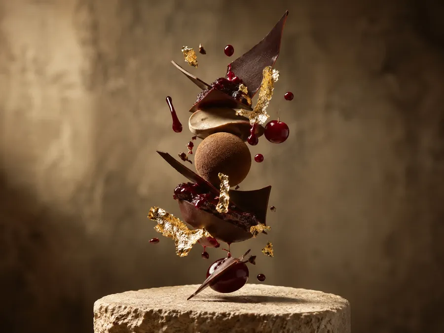 A chocolate dessert bursting apart with gold leaf and berries