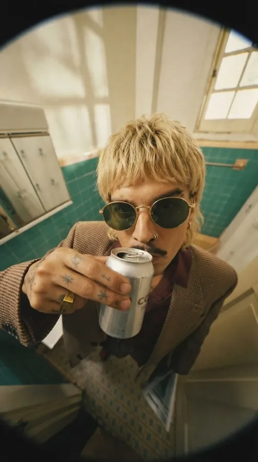 A man in sunglasses drinking from a can, through a fisheye lens