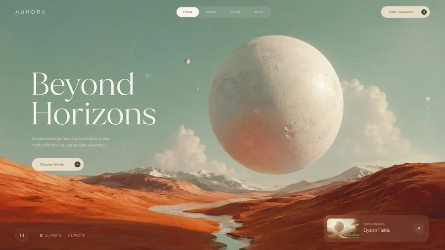 Beyond Horizons travel website, a moon over red dunes