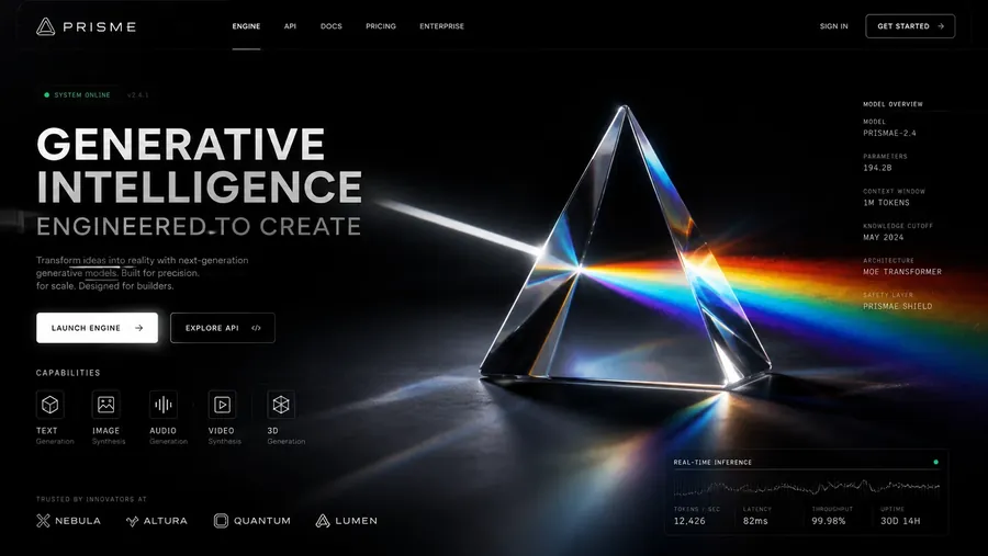 Generative Intelligence website with a prism splitting light