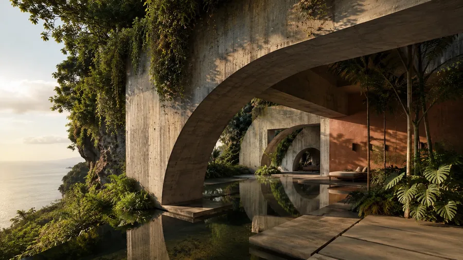 A concrete arch over a pool in a jungle at dusk