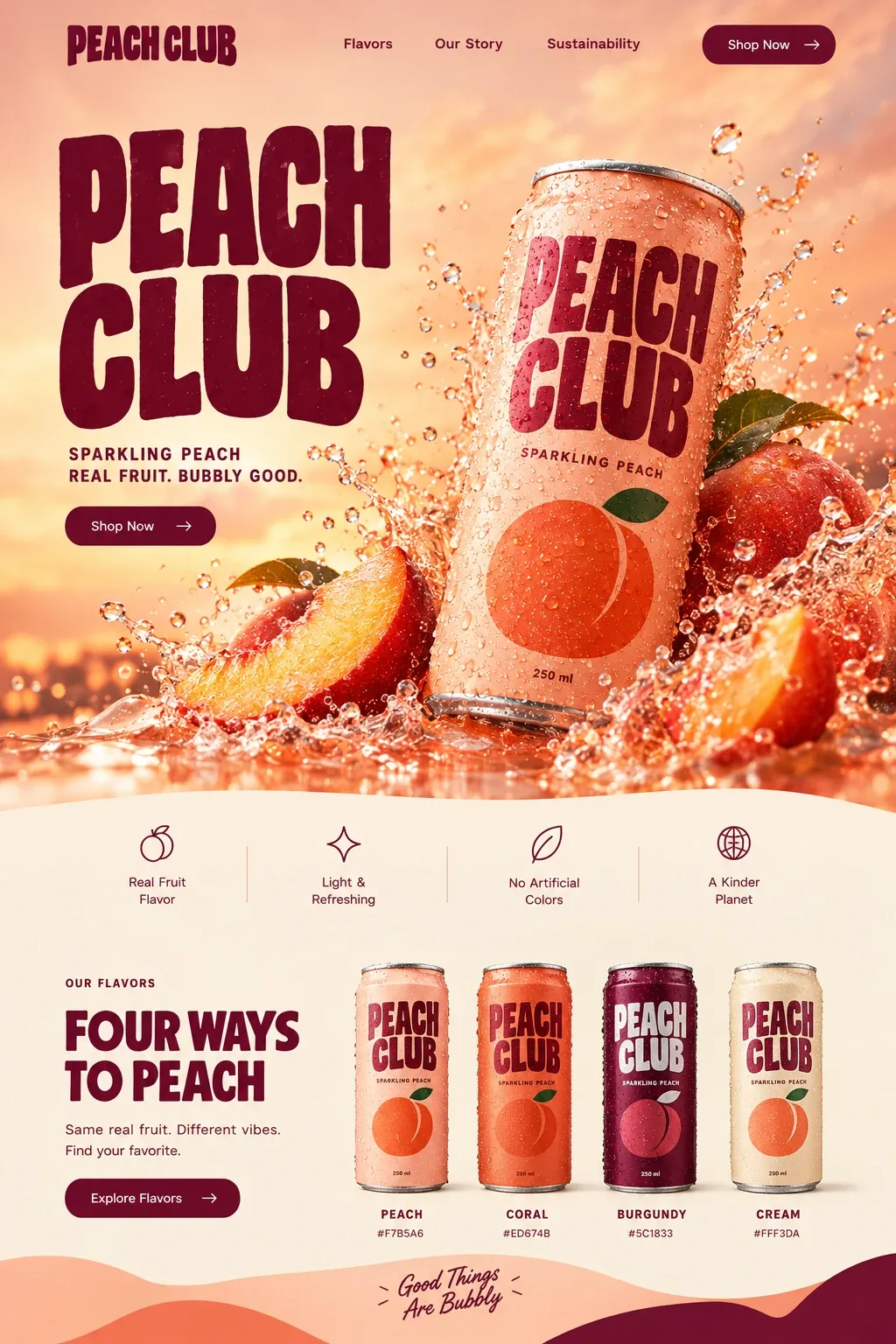 The PEACH CLUB landing page: a can in a peach splash, four promises and the four flavours
