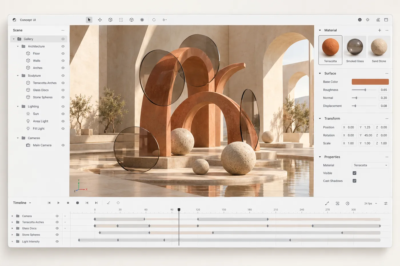 The 3D editor with terracotta arches and spheres in a sunlit gallery, the scene outline, material settings and a timeline