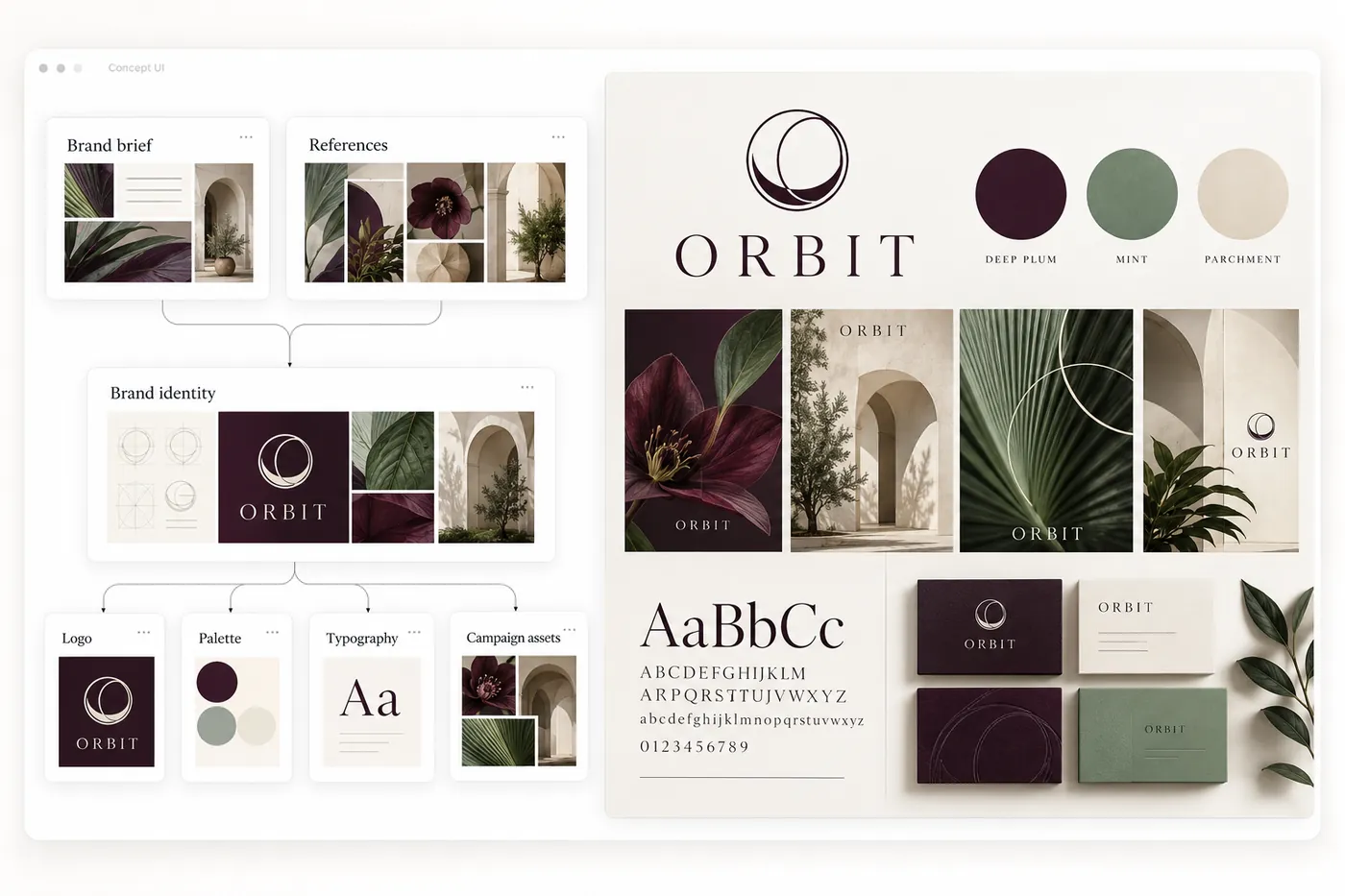 A brand kit for ORBIT: brief and references feeding a brand identity, its logo, palette, typography and campaign mockups