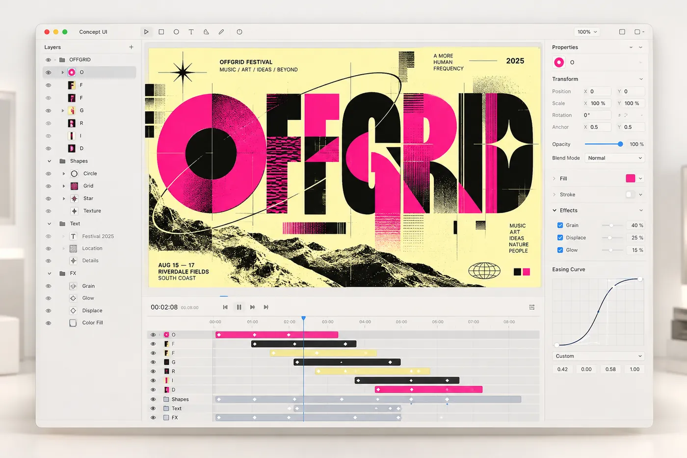 The Motion editor with an OFFGRID festival poster on the canvas, its layers, keyframed timeline and easing curve