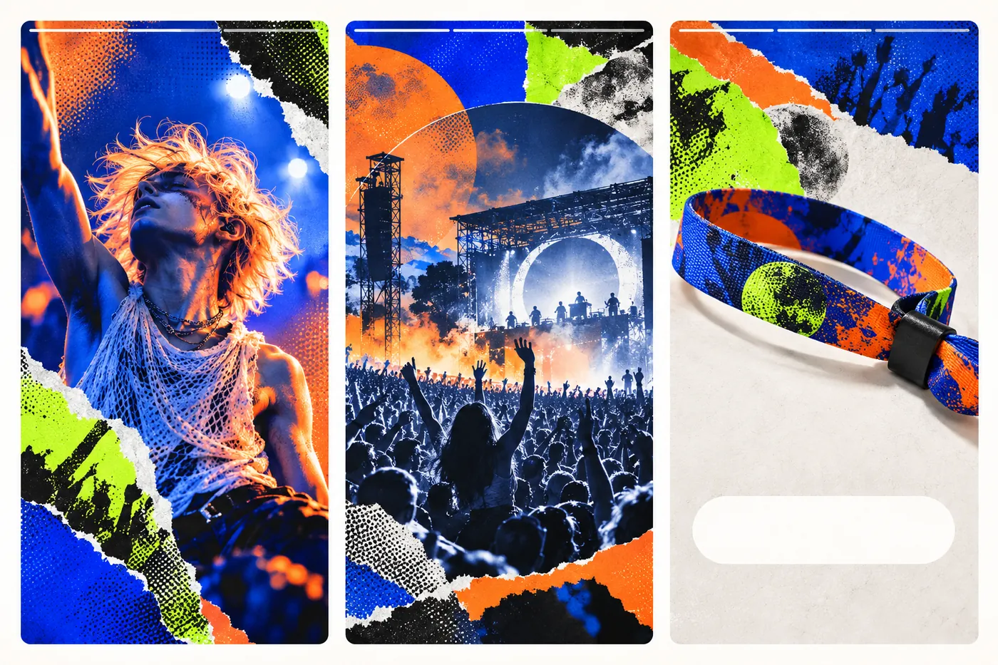 Three vertical festival stories with torn-paper collages of a performer, a crowd and a wristband