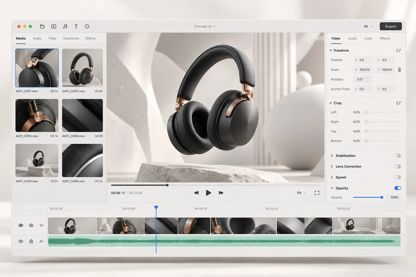 The Video Editor with a headphones film in the viewer, media on the left, transform settings and the timeline with music