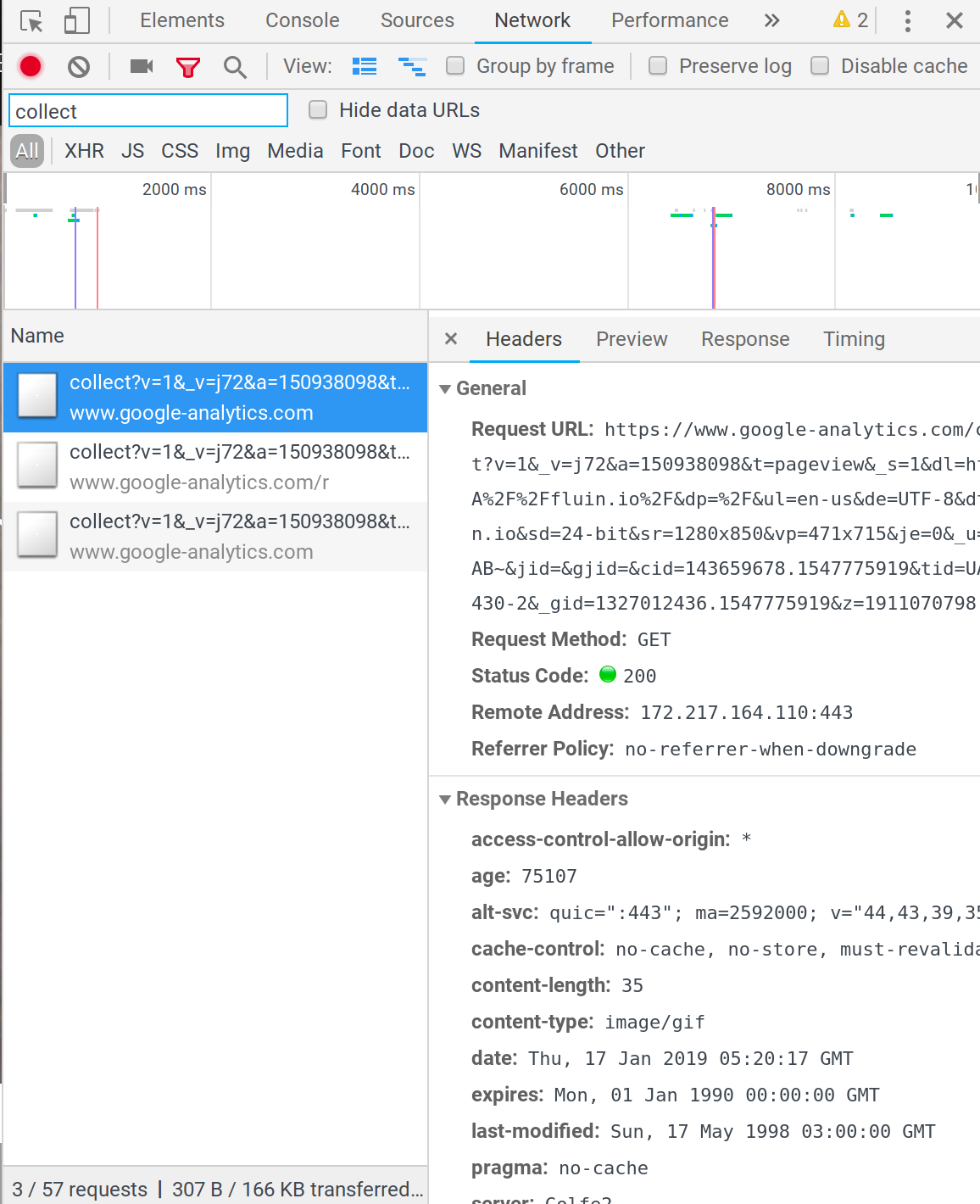 analytics events in the Network tab of DevTools