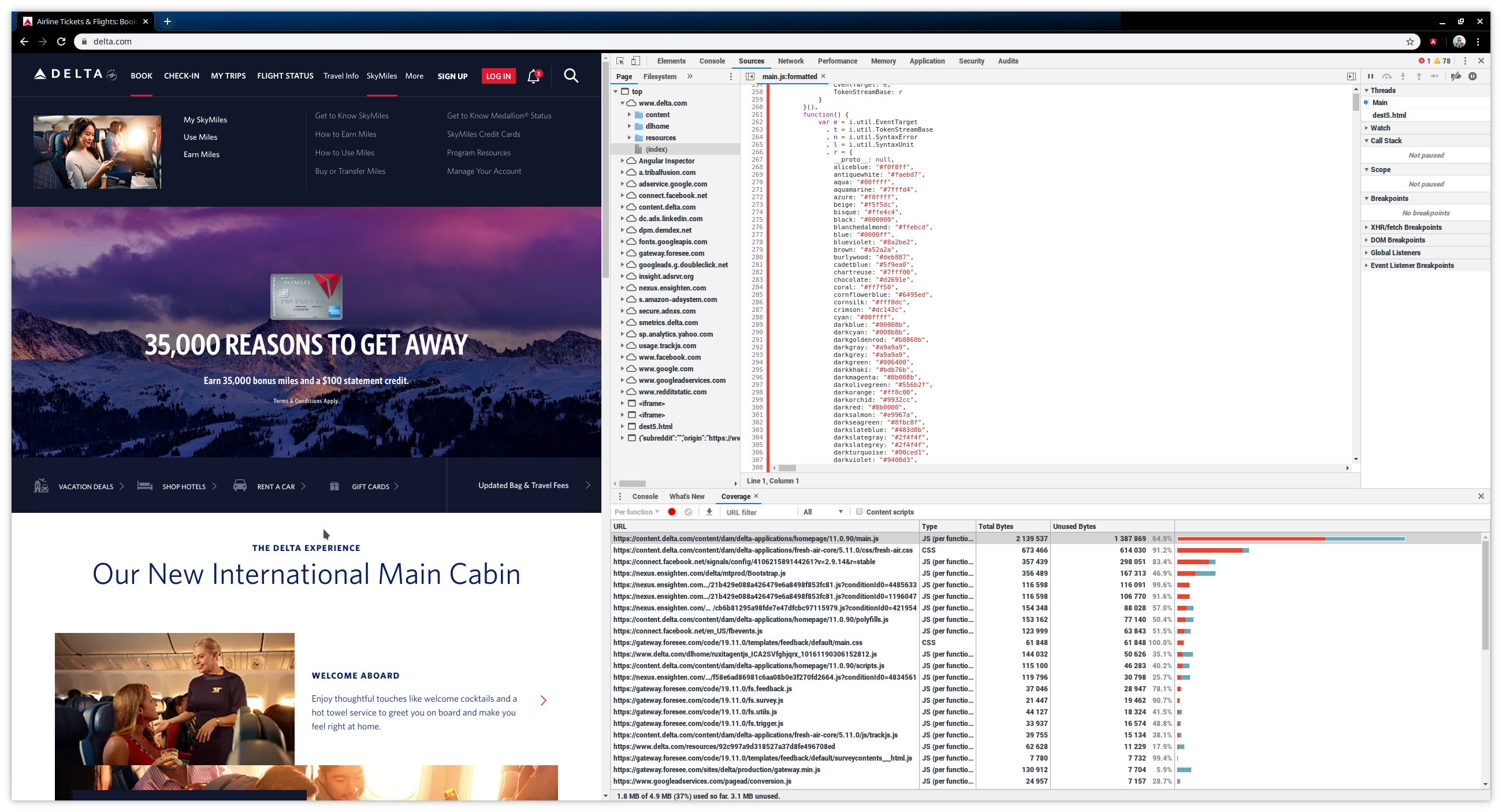 delta.com code coverage shows 64% unused code in main.js