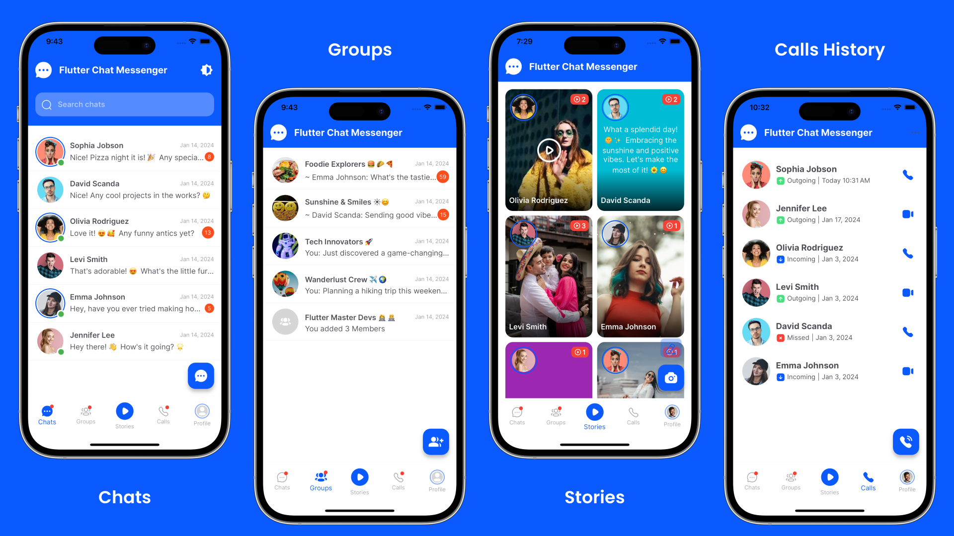 Chats list, Groups/Broadcasts, Stories & Calls History features