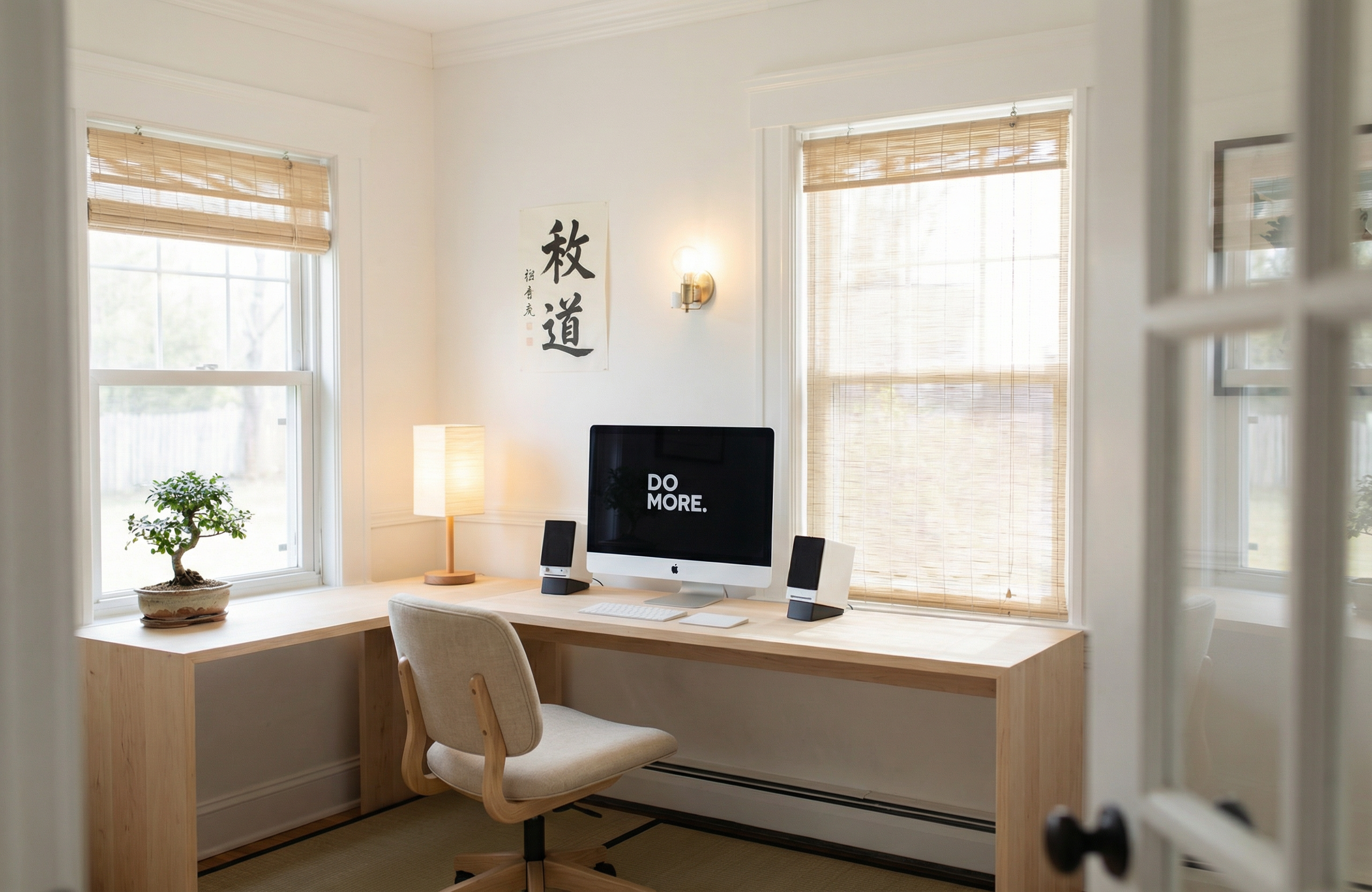 The same home office redesigned with zen-inspired natural materials and minimalist decor