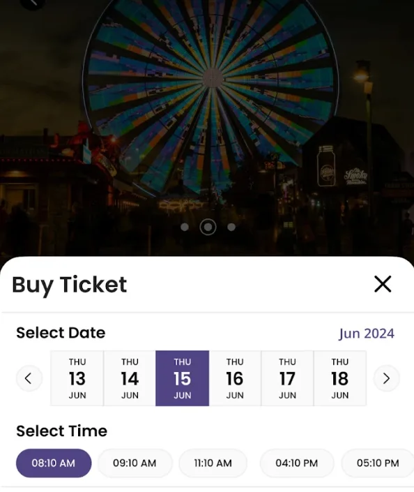 White-label event listing platform, customer app: ticket booking with date and time
