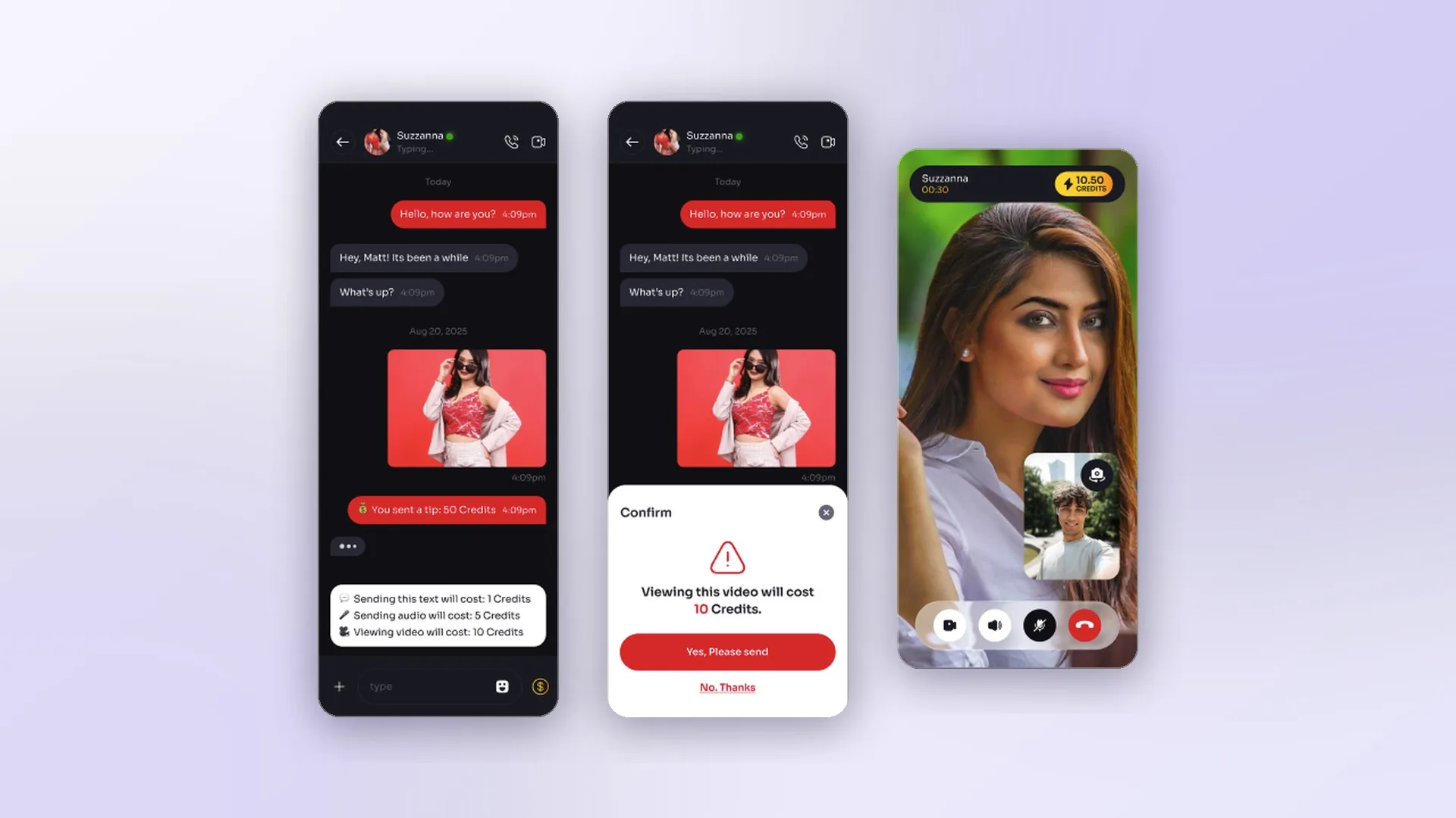 Creator monetization app screens: paid messaging with per-message credit pricing, a confirm dialog to unlock a video for 10 credits, and a metered video call showing the credit balance