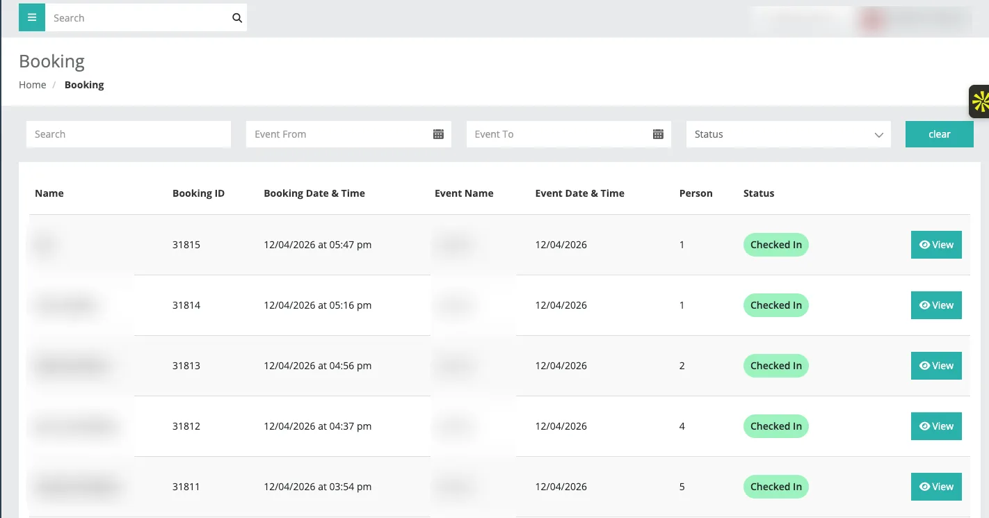 White-label event listing platform, organizer web app: bookings and check-ins
