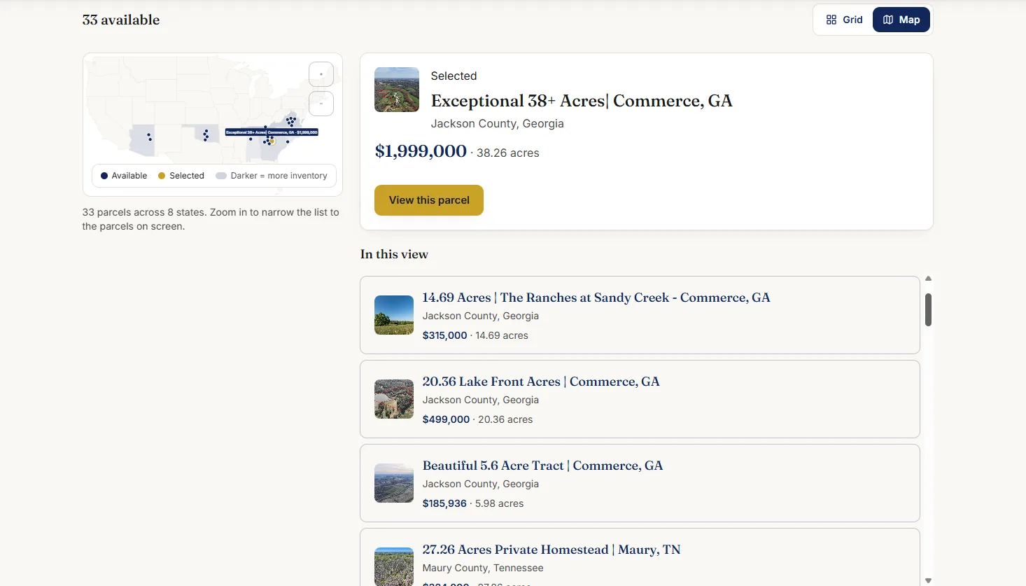 Land listing platform map search showing parcels and listing cards side by side