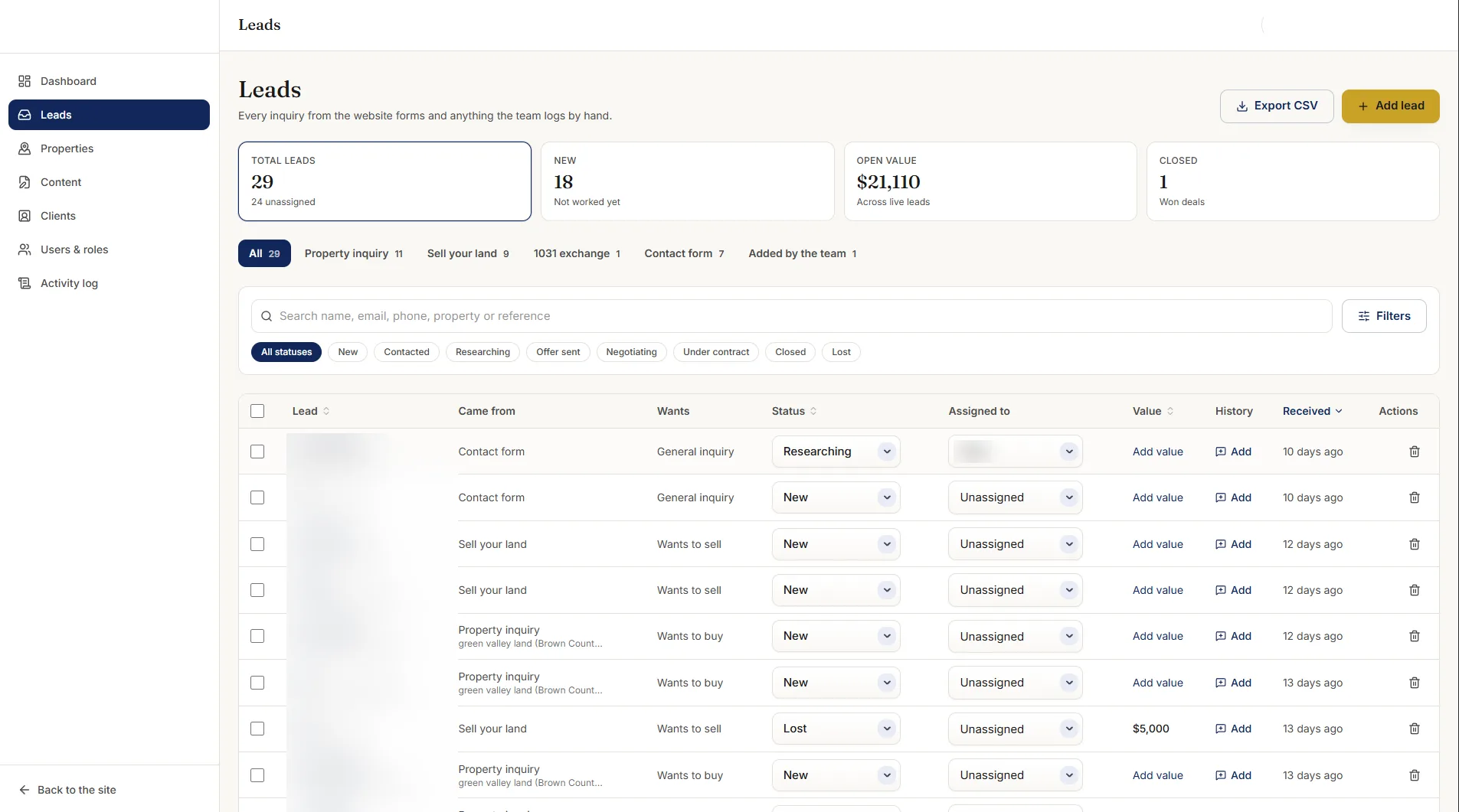 Admin lead management dashboard for a land listing platform