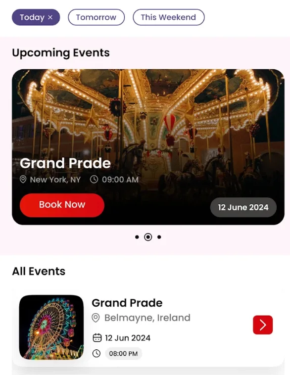 White-label event listing platform, customer app: upcoming events