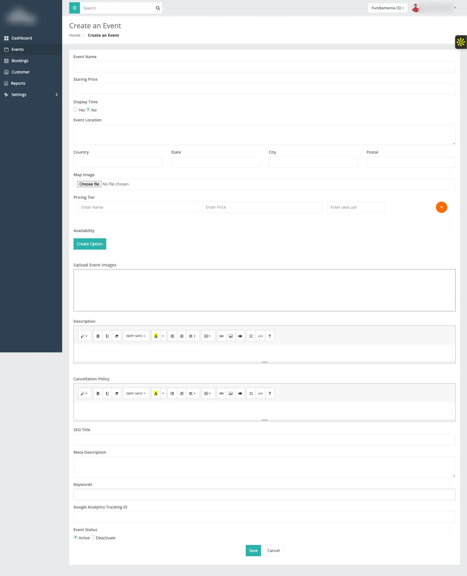 White-label event listing platform, organizer web app: create an event