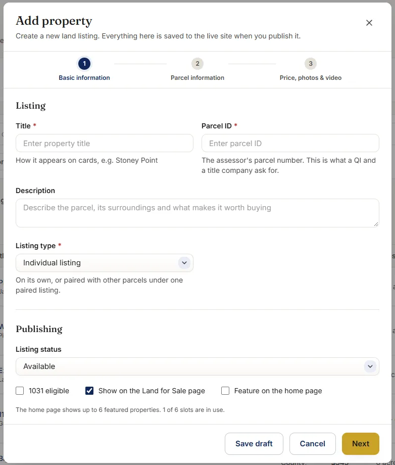 Add property form in a land listing platform admin with parcel ID and listing type fields