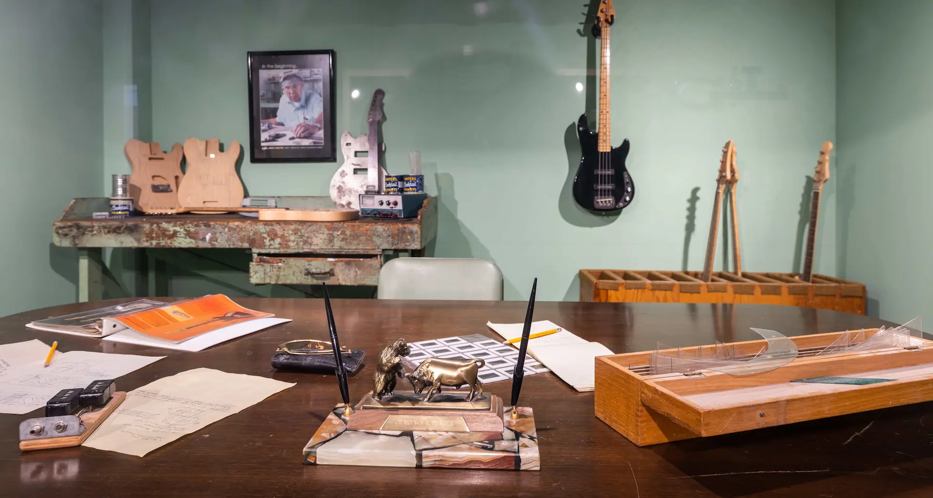 A desk in the Leo Fender Gallery.