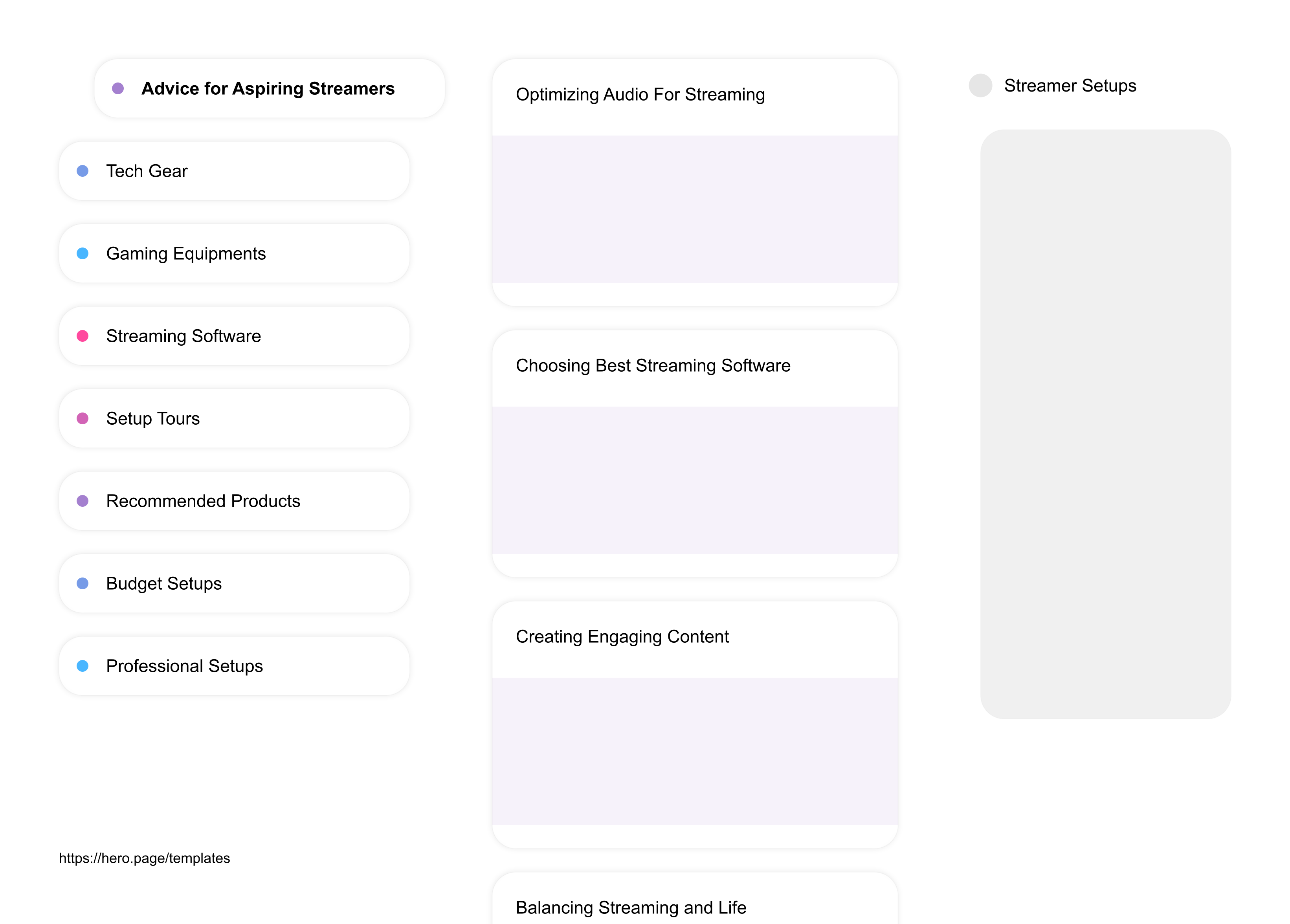 Infographic visualizing the "Streamer Setups" space template list "Advice for Aspiring Streamers", with the items: "Optimizing Audio For Streaming, Choosing Best Streaming Software, Creating Engaging Content, Balancing Streaming and Life, Maintaining Healthy Gaming Posture"