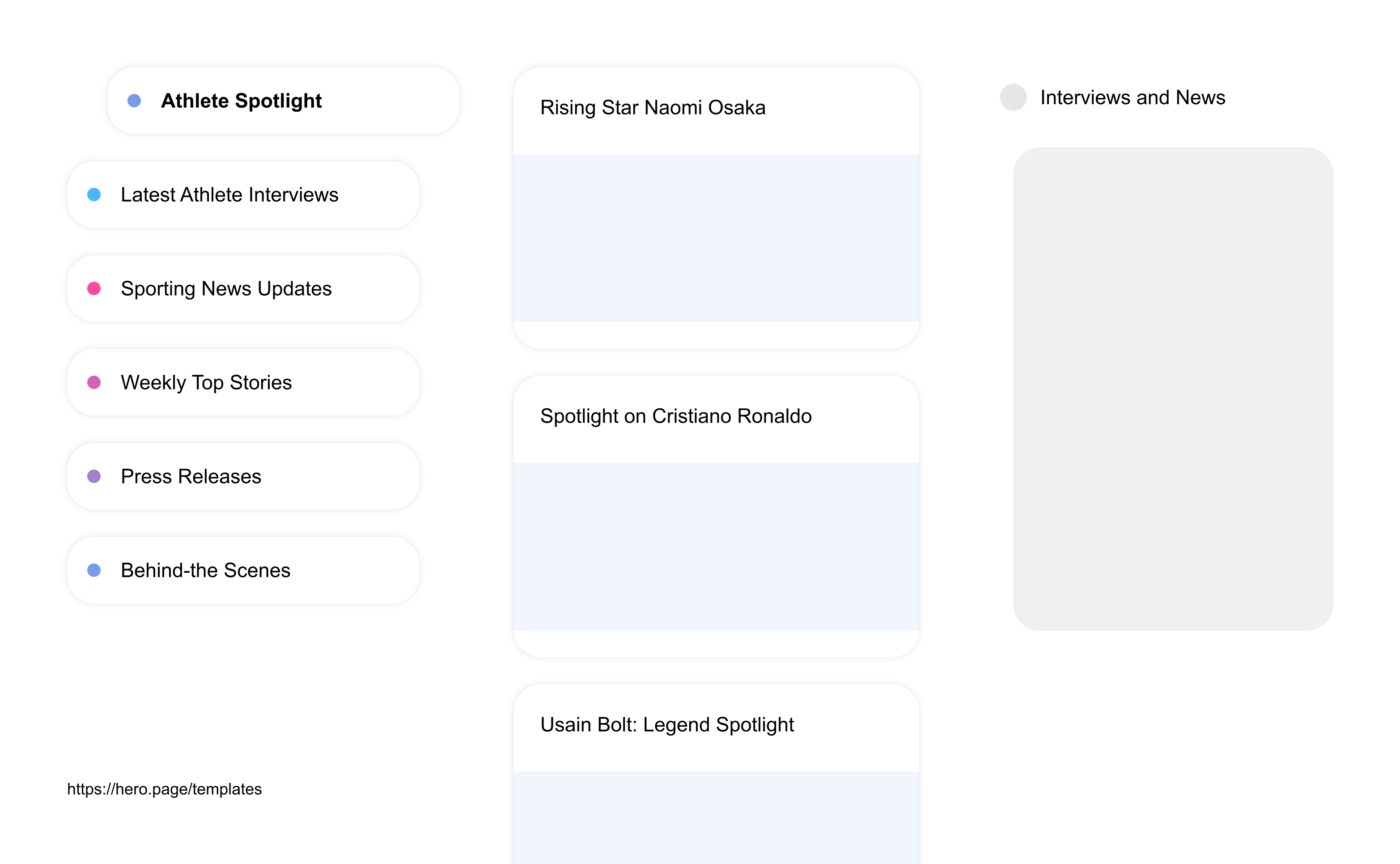 Infographic visualizing the "Interviews and News" space template list "Athlete Spotlight", with the items: "Rising Star Naomi Osaka, Spotlight on Cristiano Ronaldo, Usain Bolt: Legend Spotlight, In Focus: Simone Biles, Lionel Messi: Career Highlight"